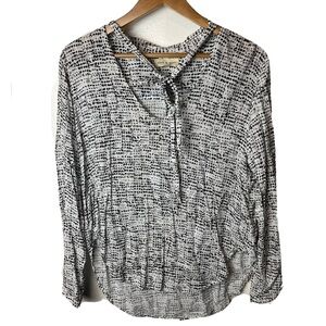 CLOTH & STONE Anthropologie Black White Printed Tie Neck Blouse Top Size Large